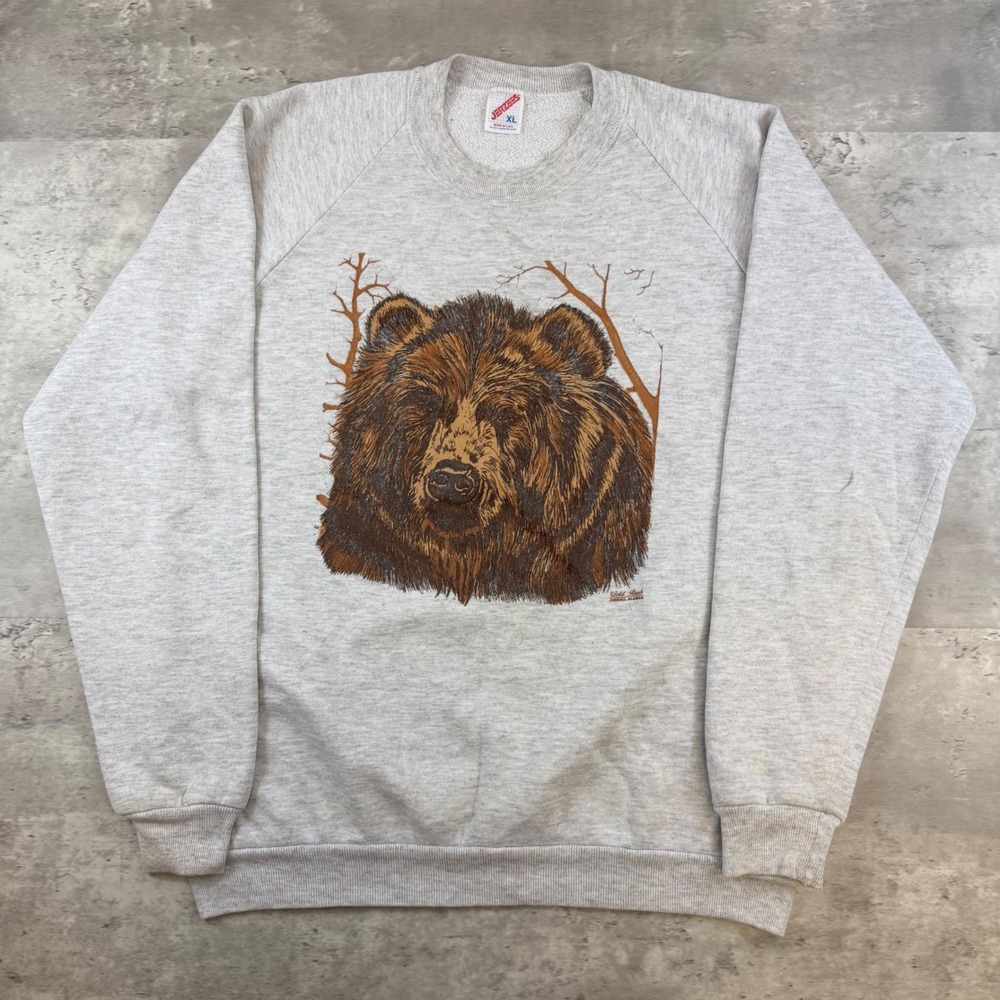 Vintage Jerzees Grizzly Bear Sweatshirt XL Grey Made in USA Claw Graphic Raglan